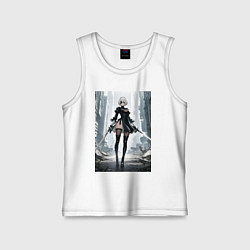 Майка детская хлопок Девушка-андроид с катанами посреди руин, цвет: белый