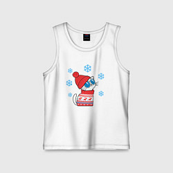 Майка детская хлопок Кот в свитере с оленями, снежинки, цвет: белый