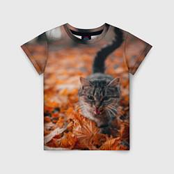 Детская футболка Мяукающий кот осенние листья