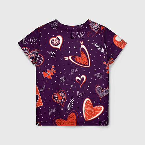 Детская футболка Красно-белые сердечки и слово love на темно фиолет / 3D-принт – фото 2