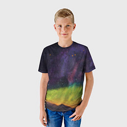 Футболка детская Горный пейзаж со звёздным небом и северным сиянием, цвет: 3D-принт — фото 2