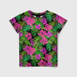 Детская футболка Тропические листья и цветы на черном фоне