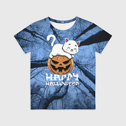 Футболка детская Белая кошечка верхом на тыкве, цвет: 3D-принт