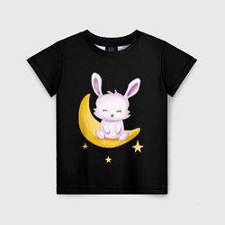Детская футболка Крольчонок сидит на месяце на чёрном фоне