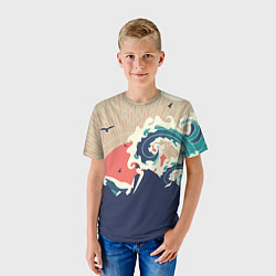 Футболка детская Большая океанская волна и силуэт пустынного остров, цвет: 3D-принт — фото 2