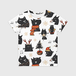Футболка детская Черные котики новогодний узор, цвет: 3D-принт