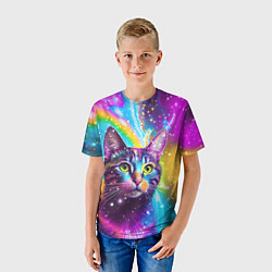 Футболка детская Полосатый кот с разноцветной звездной туманностью, цвет: 3D-принт — фото 2