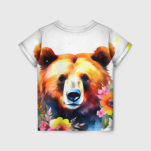 Детская футболка Морда медведя гризли с цветами акварелью / 3D-принт – фото 2