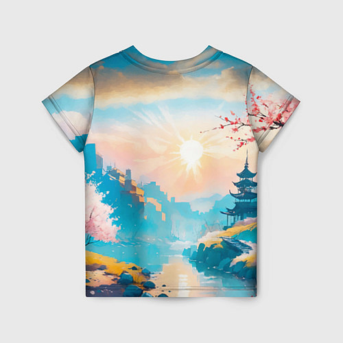 Детская футболка Японский город вдали и цветущая Сакура у реки / 3D-принт – фото 2