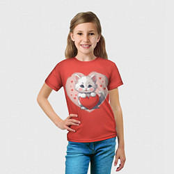 Футболка детская Мультяшный котенок держит красное сердечко, цвет: 3D-принт — фото 2