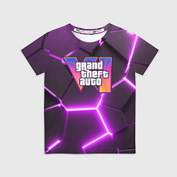 Футболка детская GTA 6 лого на фоне разлома фиолетовых плит, цвет: 3D-принт