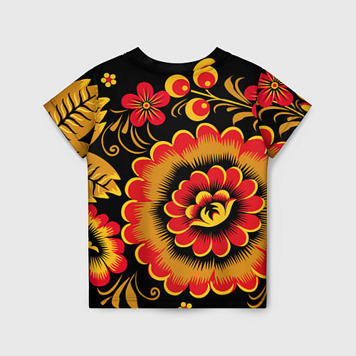 Детская футболка Хохломская роспись красно-жёлтые цветы на чёрном ф / 3D-принт – фото 2
