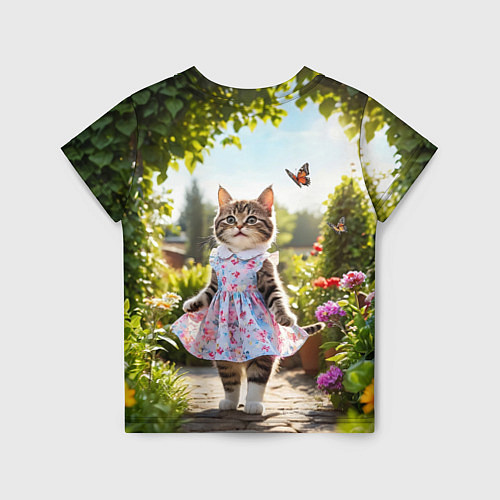 Детская футболка Кошка в летнем платье в саду / 3D-принт – фото 2
