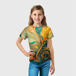 Футболка детская Золотые и бирюзовые листья абстракция, цвет: 3D-принт — фото 2