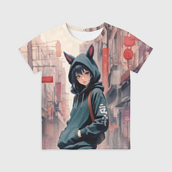 Футболка детская Девушка в худи с ушками, цвет: 3D-принт