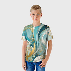 Футболка детская Бирюзовый с белым растительный узор в мягких тонах, цвет: 3D-принт — фото 2