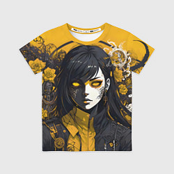 Футболка детская Девушка в стиле аниме в куртке на жёлтом фоне, цвет: 3D-принт