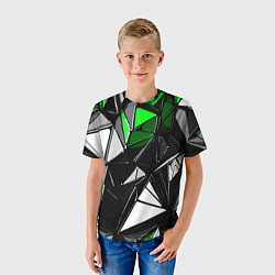 Футболка детская Зелёно-белые рельефные треугольники на чёрном фоне, цвет: 3D-принт — фото 2