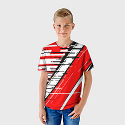 Футболка детская Чёрно-белые глитч полосы на красном фоне, цвет: 3D-принт — фото 2