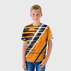 Футболка детская Чёрно-белые глитч полосы на оранжевом фоне, цвет: 3D-принт — фото 2