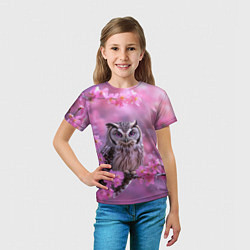 Футболка детская Сова на ветке с розовыми цветами, цвет: 3D-принт — фото 2