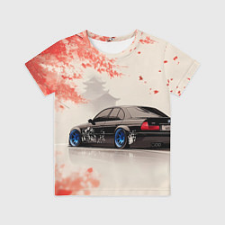 Футболка детская Черная БМВ и сакура, цвет: 3D-принт