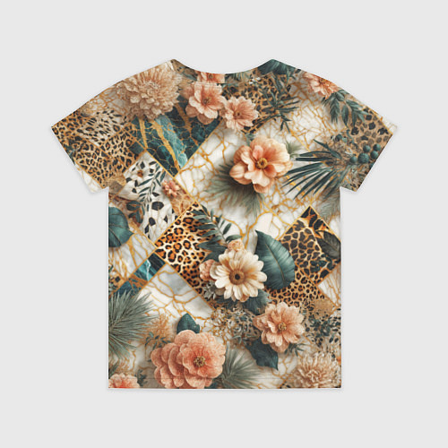 Детская футболка Цветы на кусках мрамора и леопардовом узоре / 3D-принт – фото 2