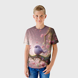 Футболка детская Маленькая фиолетовая птица с сердечками и цветами, цвет: 3D-принт — фото 2