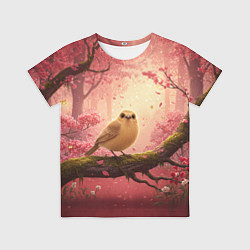 Футболка детская Желтая птица в розовом цветущем лесу, цвет: 3D-принт