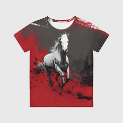 Футболка детская Белая лошадь - красный фон, цвет: 3D-принт