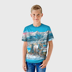 Футболка детская Новогодняя деревушка в горах, цвет: 3D-принт — фото 2