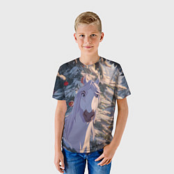 Футболка детская Белая лошадь на фоне елки, цвет: 3D-принт — фото 2