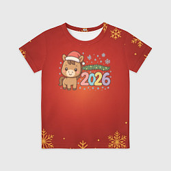Футболка детская Новогодняя лошадка 2026 на красном фоне, цвет: 3D-принт