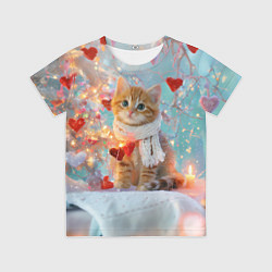 Футболка детская Рыжий новогодний котенок с сердечком, цвет: 3D-принт