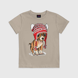 Футболка хлопковая детская Чихуахуа в шапочке, цвет: миндальный