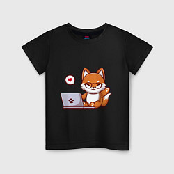 Футболка хлопковая детская Cute fox and laptop, цвет: черный
