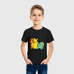 Футболка хлопковая детская Чармандер Пикачу и Бульбазавр, цвет: черный — фото 2