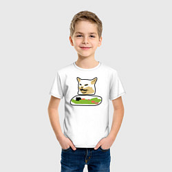 Футболка хлопковая детская Смадж кот мем за столом, цвет: белый — фото 2