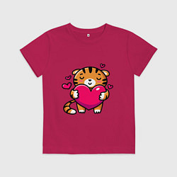 Футболка хлопковая детская Милый тигренок с сердечком, цвет: маджента