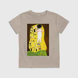 Футболка хлопковая детская Густав Климт влюблённые поцелуй с котом, цвет: миндальный