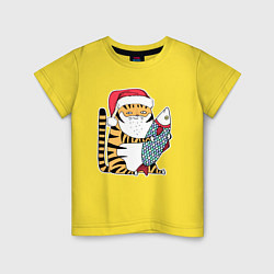 Футболка хлопковая детская Тигр с большой рыбой, цвет: желтый