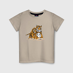 Футболка хлопковая детская Тигрица с игривым тигрёнком, цвет: миндальный