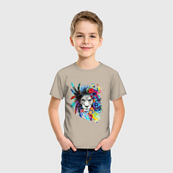 Футболка хлопковая детская Лев в цветах и перьях, цвет: миндальный — фото 2