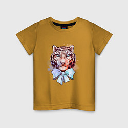 Детская футболка Акварельный рыжий тигр с голубым бантом