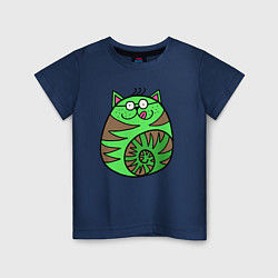 Футболка хлопковая детская Зеленый круглый кот, цвет: тёмно-синий