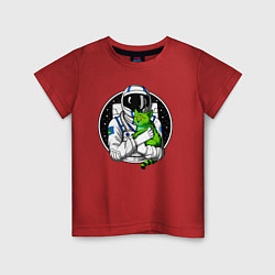 Футболка хлопковая детская Космонавт с инопланетным котом, цвет: красный