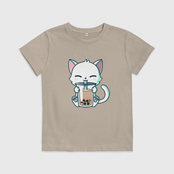 Футболка хлопковая детская Котик с бабл ти, цвет: миндальный