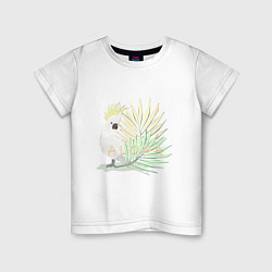Футболка хлопковая детская Белый попугай с хохолком на фоне листьев пальмы, цвет: белый