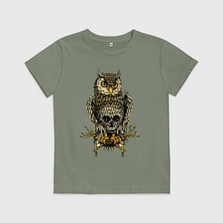 Футболка хлопковая детская Сова с черепом на животе, цвет: авокадо