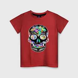Футболка хлопковая детская Чёрный мексиканский череп с разноцветными цветами, цвет: красный